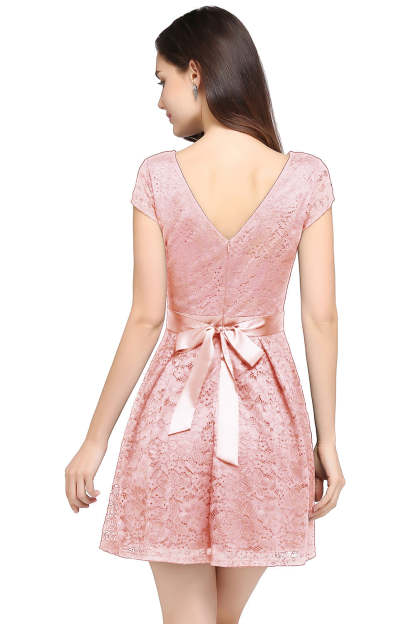 Short Cap Sleeves Formal Dress Round Neck Lace A line Bridesmaid Dress - YESBABYONLINE
