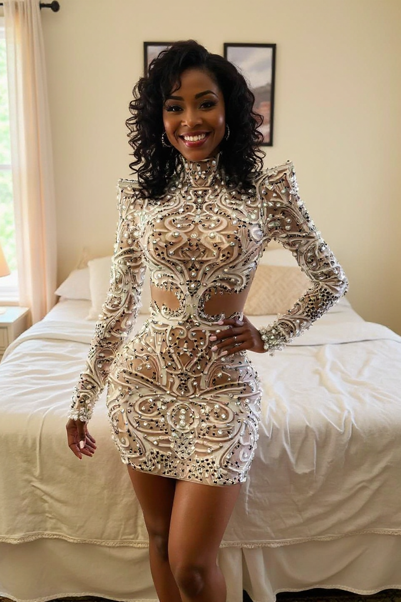 Pearl Short Lace Long Sleeve Sexy Prom Dress with Rhinestones