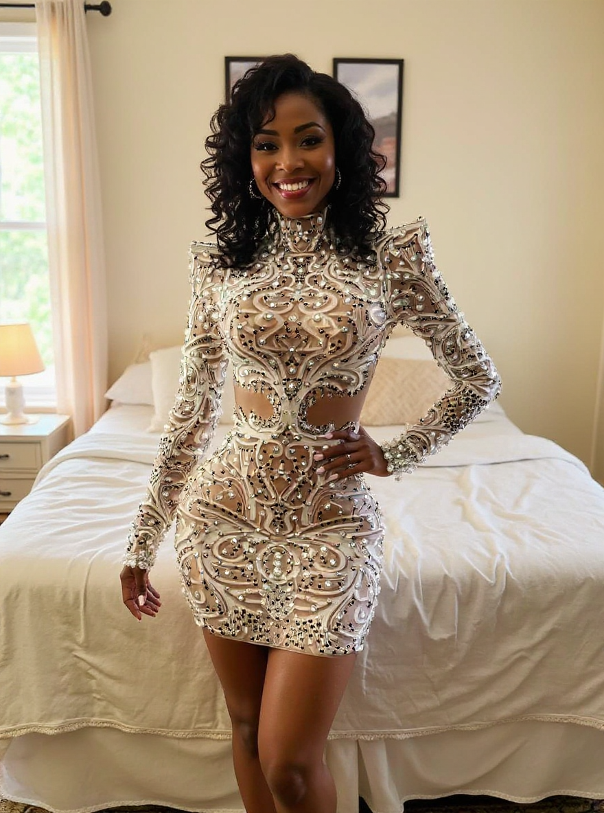 Pearl Short Lace Long Sleeve Sexy Prom Dress with Rhinestones