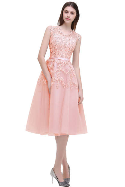 Short A Line Sleeveless Crew Neck Tulle Lace Formal Dress - YESBABYONLINE
