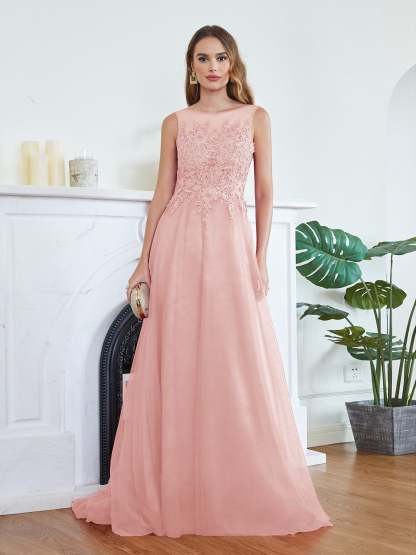 Long Sleeveless Round Neck Tulle A line Lace Appliques Bridesmaid Dress - YESBABYONLINE