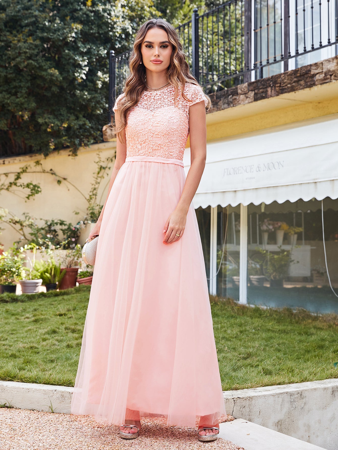 Long A line Evening Dress Scoop Neck Tulle Bridesmaid Dresses - YESBABYONLINE