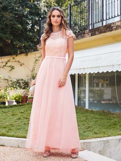 Long A line Evening Dress Scoop Neck Tulle Bridesmaid Dresses - YESBABYONLINE
