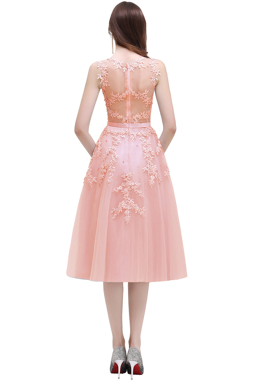 Short A Line Sleeveless Crew Neck Tulle Lace Formal Dress - YESBABYONLINE