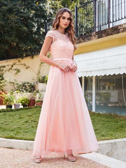 Long A line Evening Dress Scoop Neck Tulle Bridesmaid Dresses - YESBABYONLINE