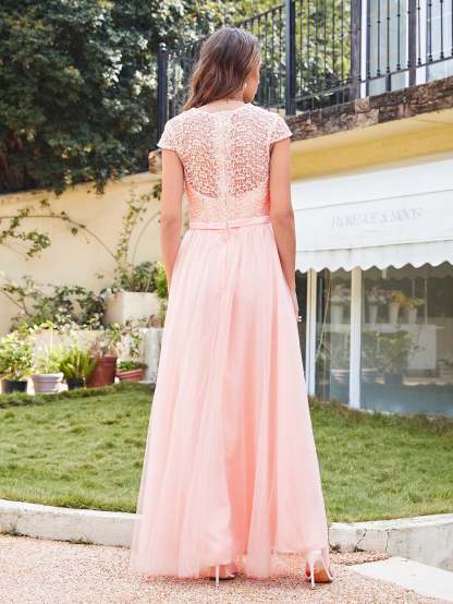 Long A line Evening Dress Scoop Neck Tulle Bridesmaid Dresses - YESBABYONLINE