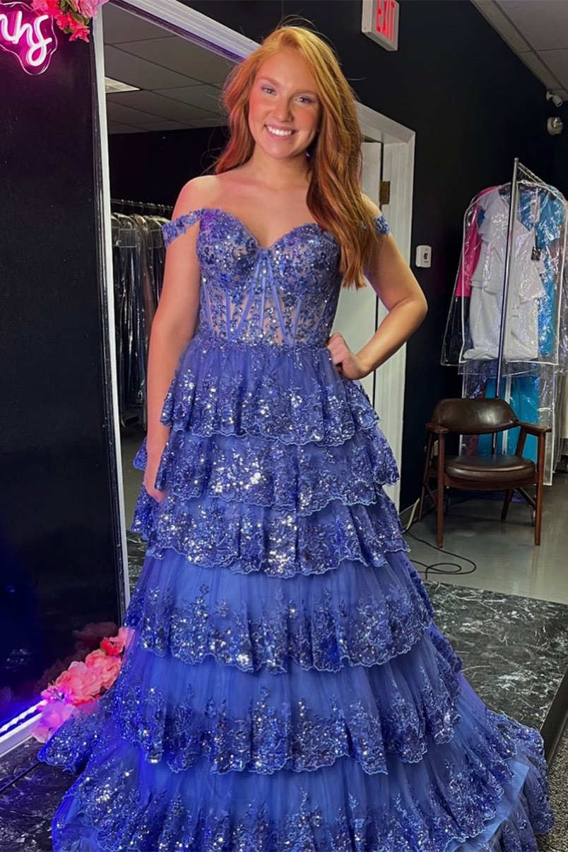 Lace-Up Gold Off the Shoulder Corset Tiered Ball Gown