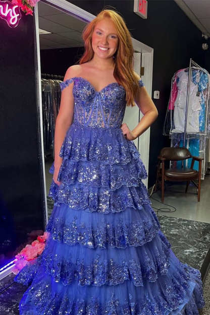 Lace-Up Gold Off the Shoulder Corset Tiered Ball Gown
