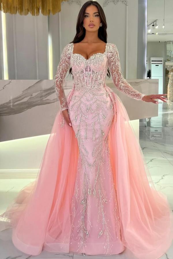 Romantic Pink Detachable Train Long Sleeve Sweetheart Tulle Appliques Mermaid