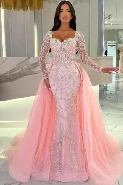 Romantic Pink Detachable Train Long Sleeve Sweetheart Tulle Appliques Mermaid