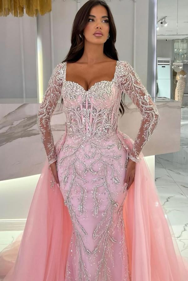 Romantic Pink Detachable Train Long Sleeve Sweetheart Tulle Appliques Mermaid