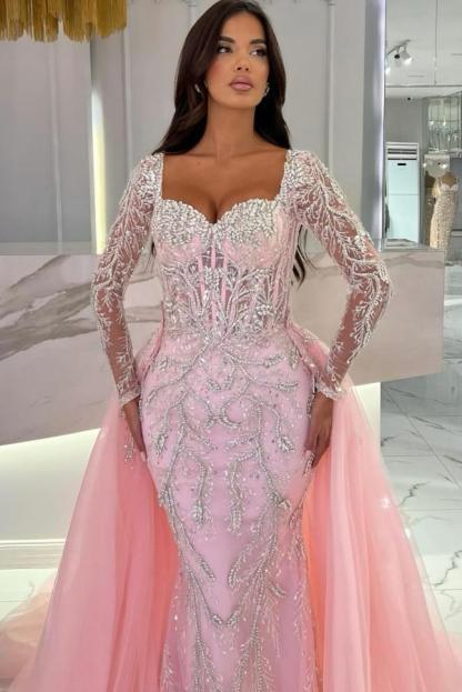 Romantic Pink Detachable Train Long Sleeve Sweetheart Tulle Appliques Mermaid