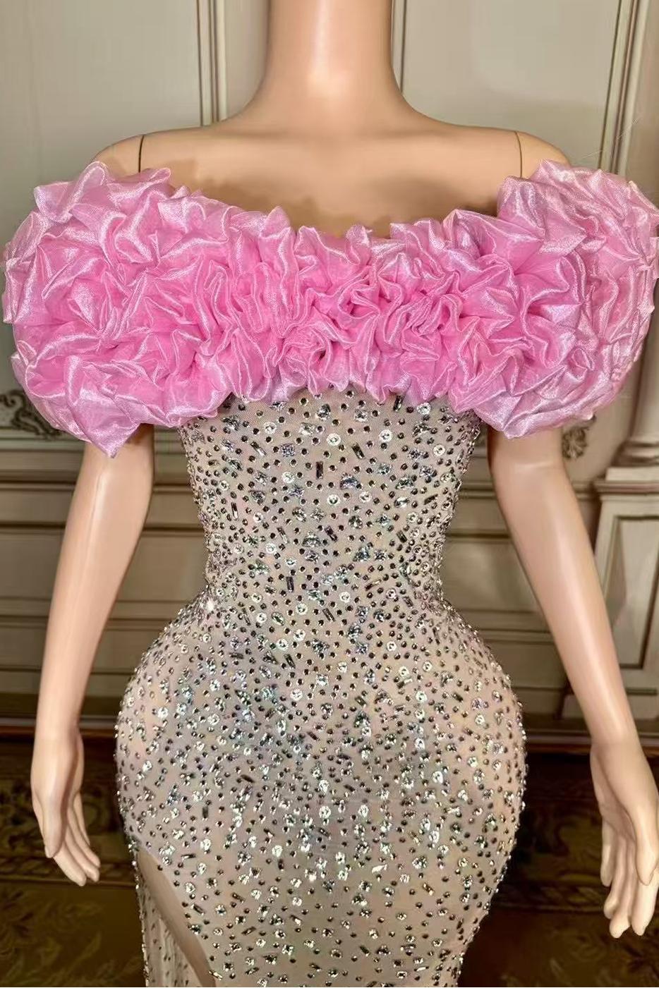 Pink Flower Tulle Strapless Sleeveless Rhinestones Long Prom Dress Yesbabyonline