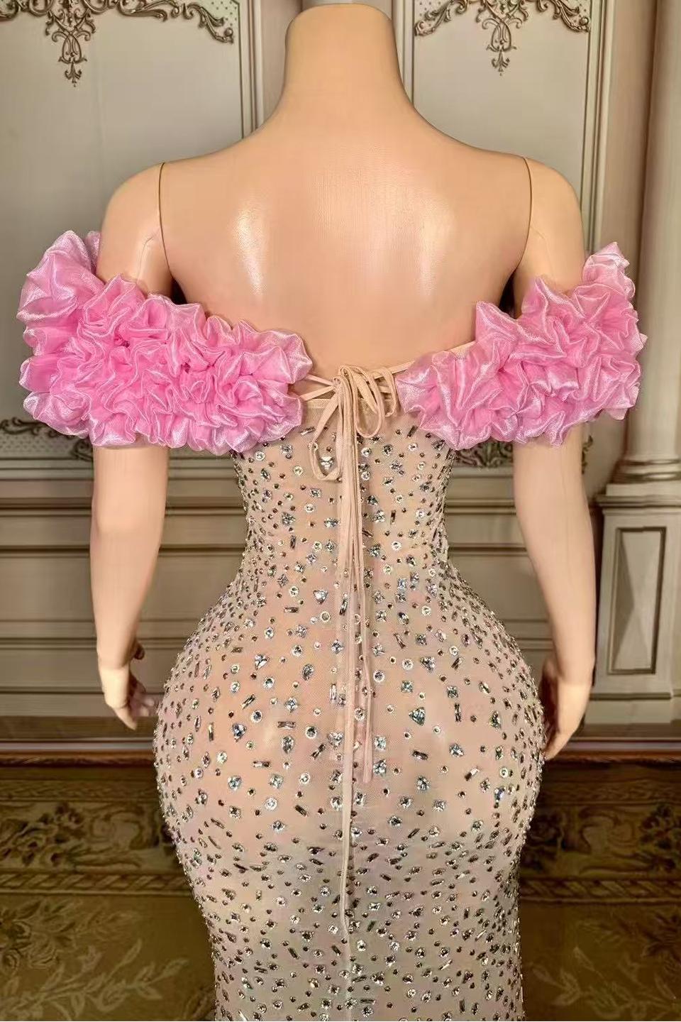 Pink Flower Tulle Strapless Sleeveless Rhinestones Long Prom Dress Yesbabyonline 