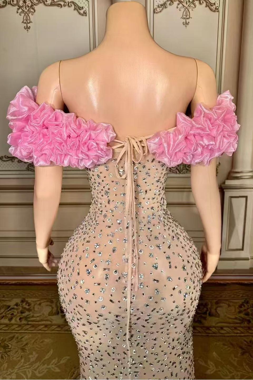 Pink Flower Tulle Strapless Sleeveless Rhinestones Long Prom Dress Yesbabyonline