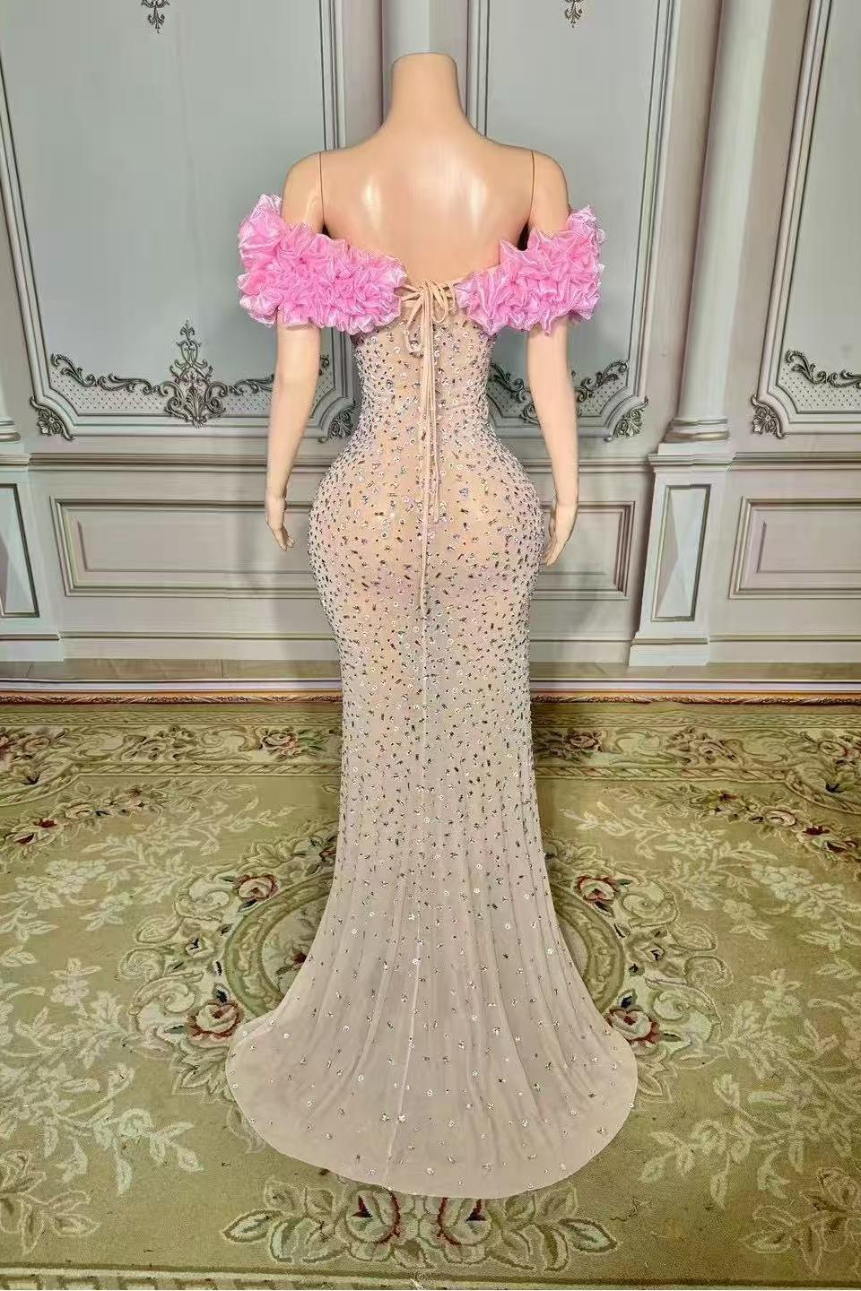 Pink Flower Tulle Strapless Sleeveless Rhinestones Long Prom Dress Yesbabyonline