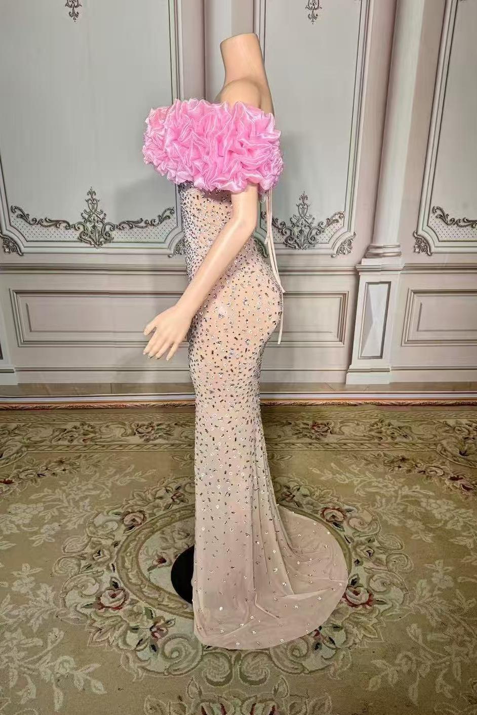 Pink Flower Tulle Strapless Sleeveless Rhinestones Long Prom Dress Yesbabyonline
