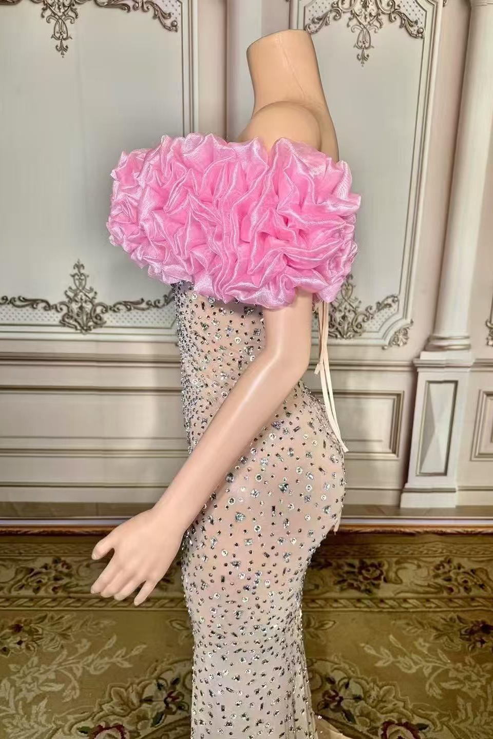 Pink Flower Tulle Strapless Sleeveless Rhinestones Long Prom Dress Yesbabyonline