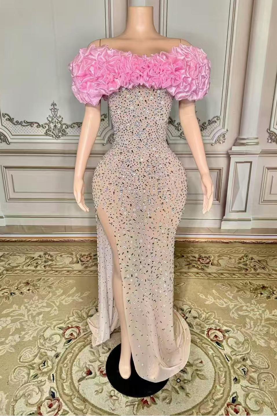 Pink Flower Tulle Strapless Sleeveless Rhinestones Long Prom Dress Yesbabyonline 