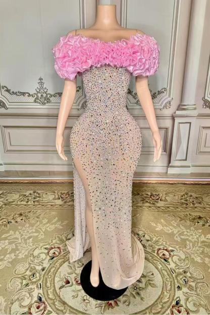 Pink Flower Tulle Strapless Sleeveless Rhinestones Long Prom Dress Yesbabyonline 