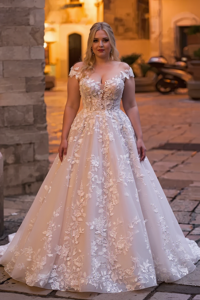Plus Size A-Line Bateau Appliques Lace Backless Floor-length Sequins Wedding Dress