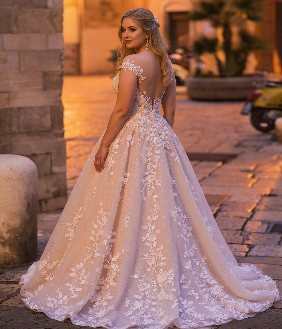 Plus Size A-Line Bateau Appliques Lace Backless Floor-length Sequins Wedding Dress