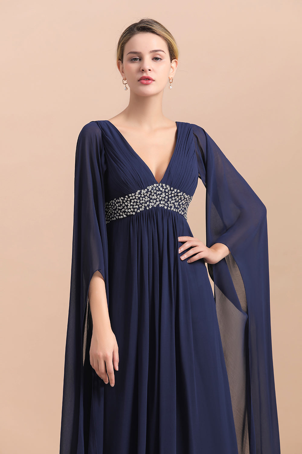 Poet Long Sleeve V-neck Chiffon A-line Mother Of The Bride Dress Yesbabyonline