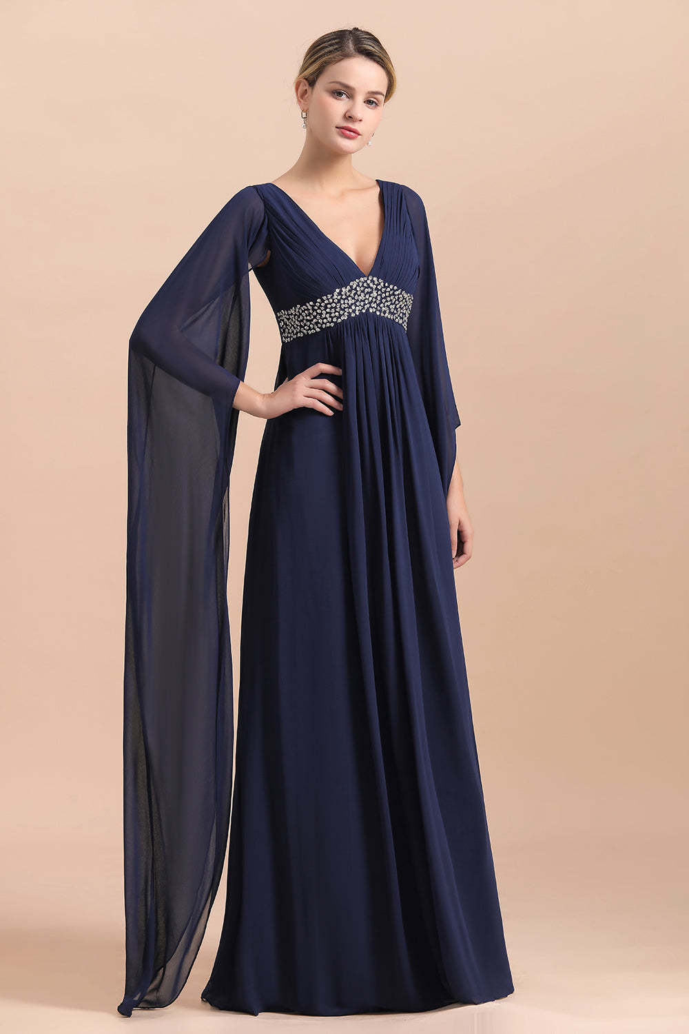 Poet Long Sleeve V-neck Chiffon A-line Mother Of The Bride Dress Yesbabyonline