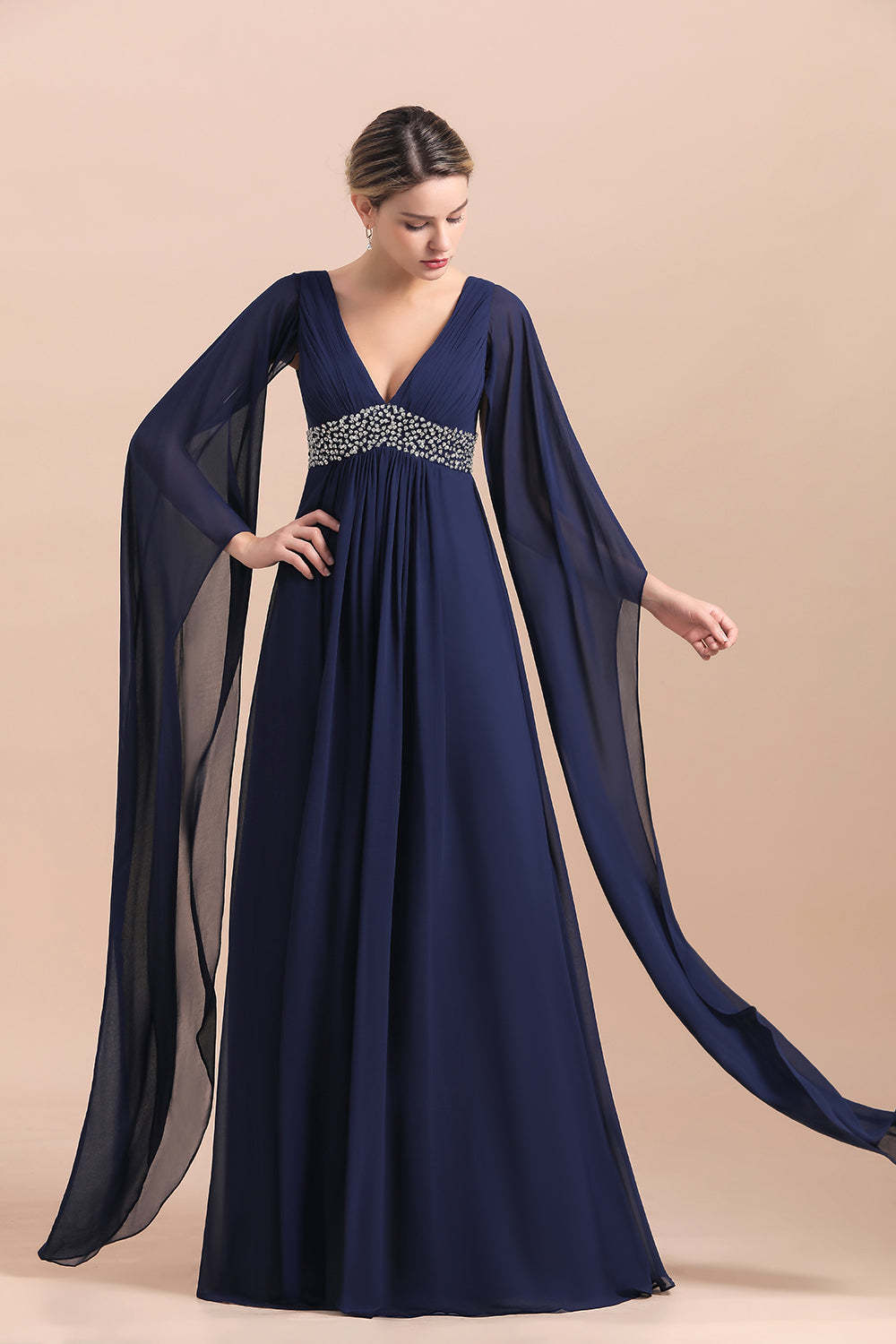 Poet Long Sleeve V-neck Chiffon A-line Mother Of The Bride Dress Yesbabyonline