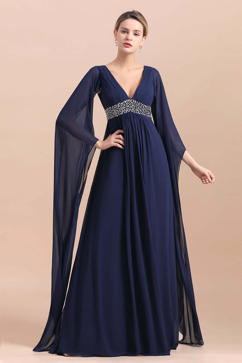 Poet Long Sleeve V-neck Chiffon A-line Mother Of The Bride Dress Yesbabyonline