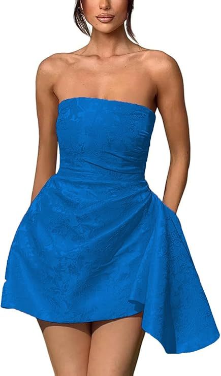 A-line Strapless Jacquard Satin Asymmetrical Lace up Sleeveless Short Homecoming Dress - YESBABYONLINE