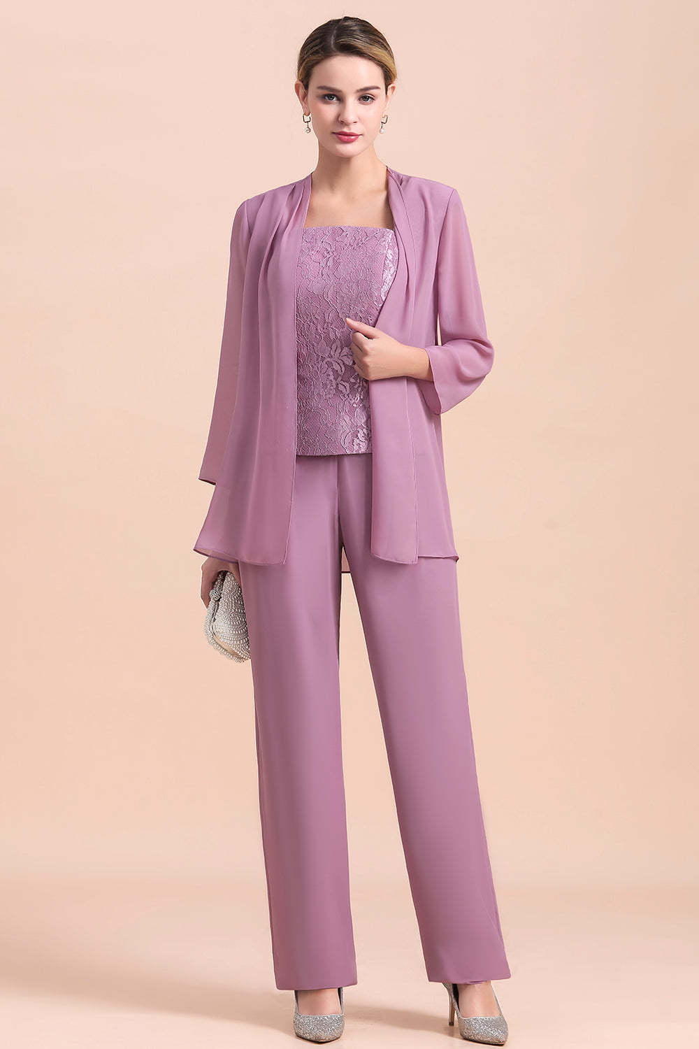 Purple Appliques Lace Square Mother Of The Bride Dress Chiffon Jumpsuit with Jacket Yesbabyonline