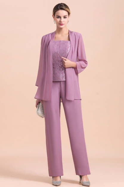 Purple Appliques Lace Square Mother Of The Bride Dress Chiffon Jumpsuit with Jacket Yesbabyonline