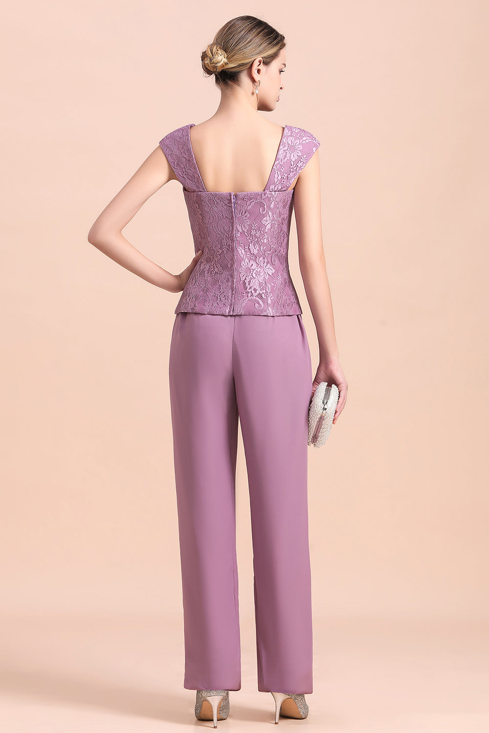 Purple Appliques Lace Square Mother Of The Bride Dress Chiffon Jumpsuit with Jacket Yesbabyonline