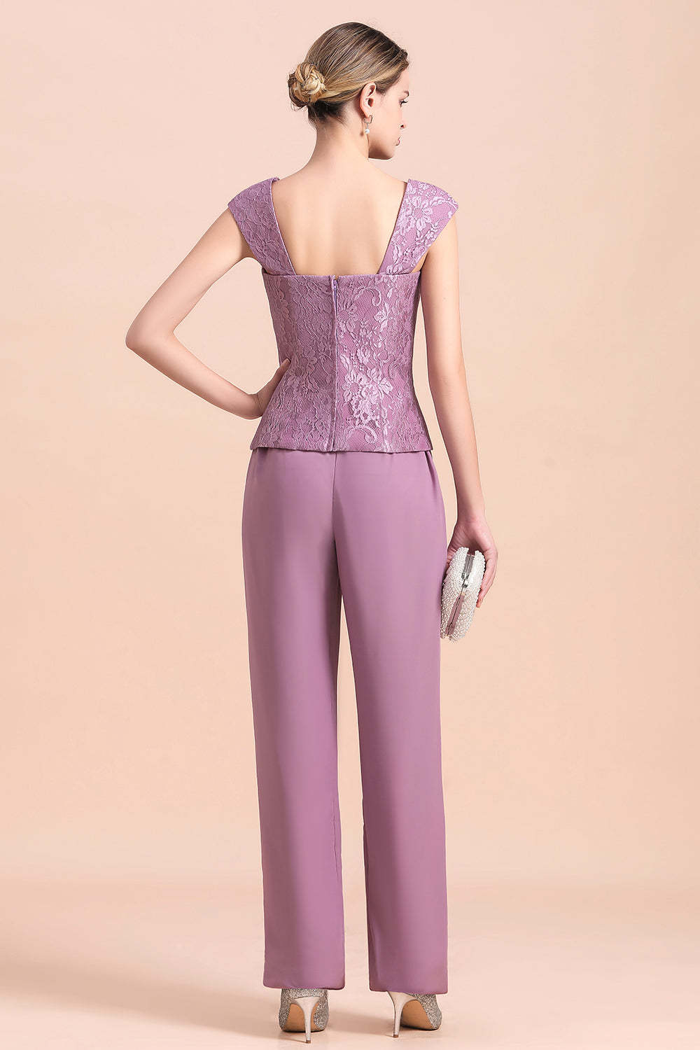 Purple Appliques Lace Square Mother Of The Bride Dress Chiffon Jumpsuit with Jacket Yesbabyonline