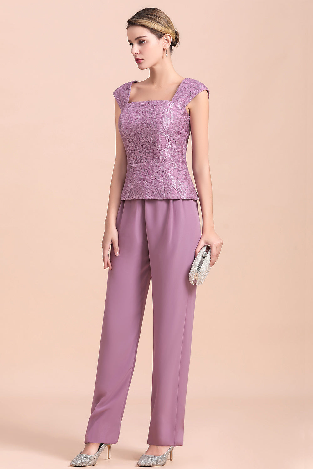 Purple Appliques Lace Square Mother Of The Bride Dress Chiffon Jumpsuit with Jacket Yesbabyonline