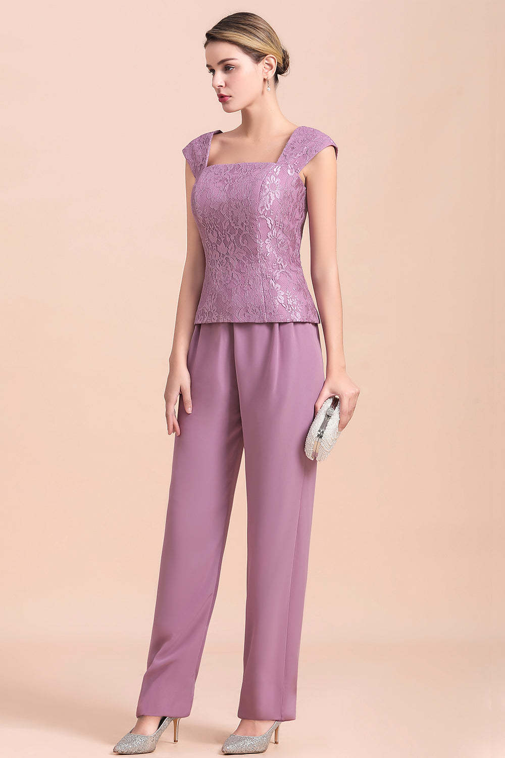 Purple Appliques Lace Square Mother Of The Bride Dress Chiffon Jumpsuit with Jacket Yesbabyonline