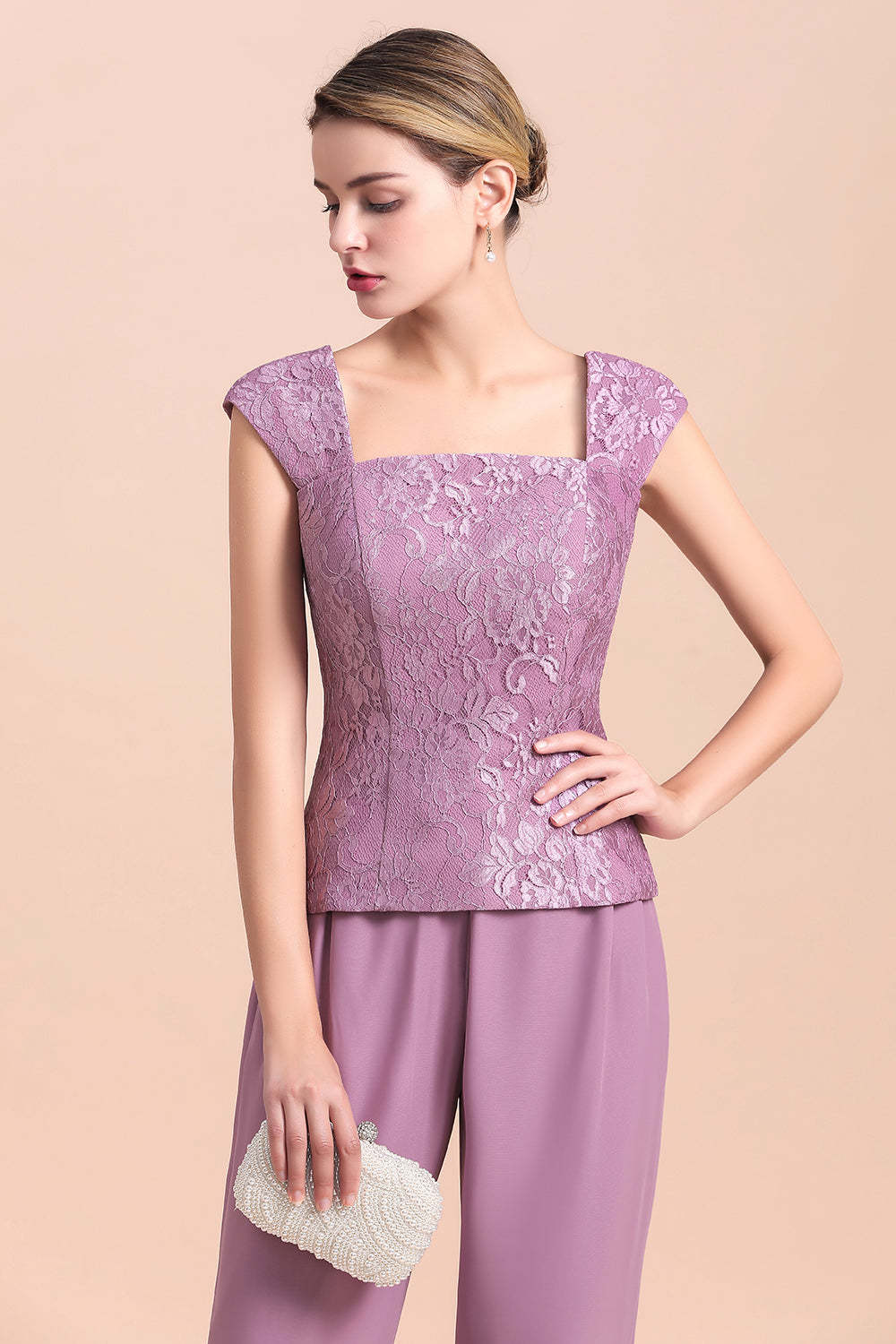 Purple Appliques Lace Square Mother Of The Bride Dress Chiffon Jumpsuit with Jacket Yesbabyonline