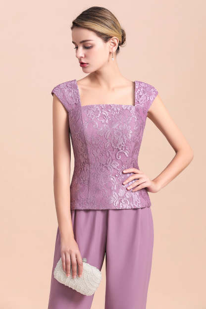 Purple Appliques Lace Square Mother Of The Bride Dress Chiffon Jumpsuit with Jacket Yesbabyonline