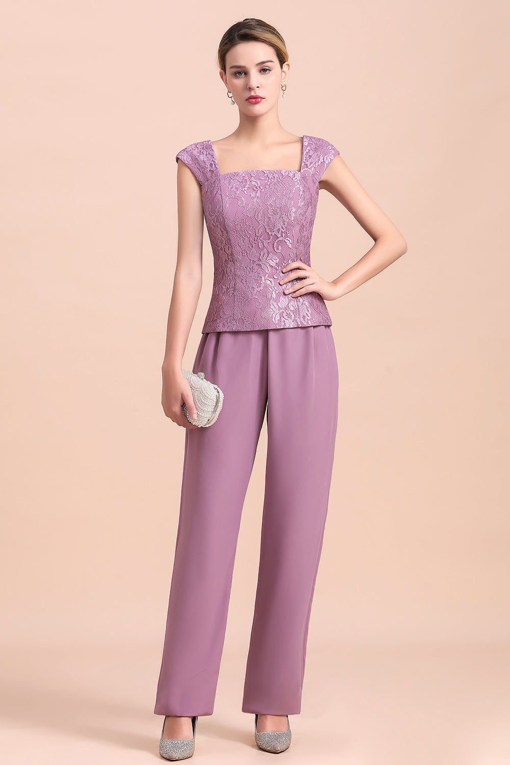 Purple Appliques Lace Square Mother Of The Bride Dress Chiffon Jumpsuit with Jacket Yesbabyonline