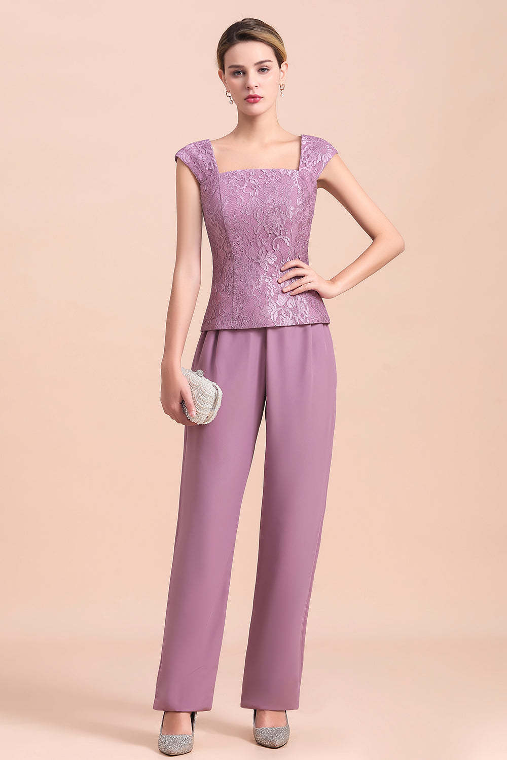 Purple Appliques Lace Square Mother Of The Bride Dress Chiffon Jumpsuit with Jacket Yesbabyonline