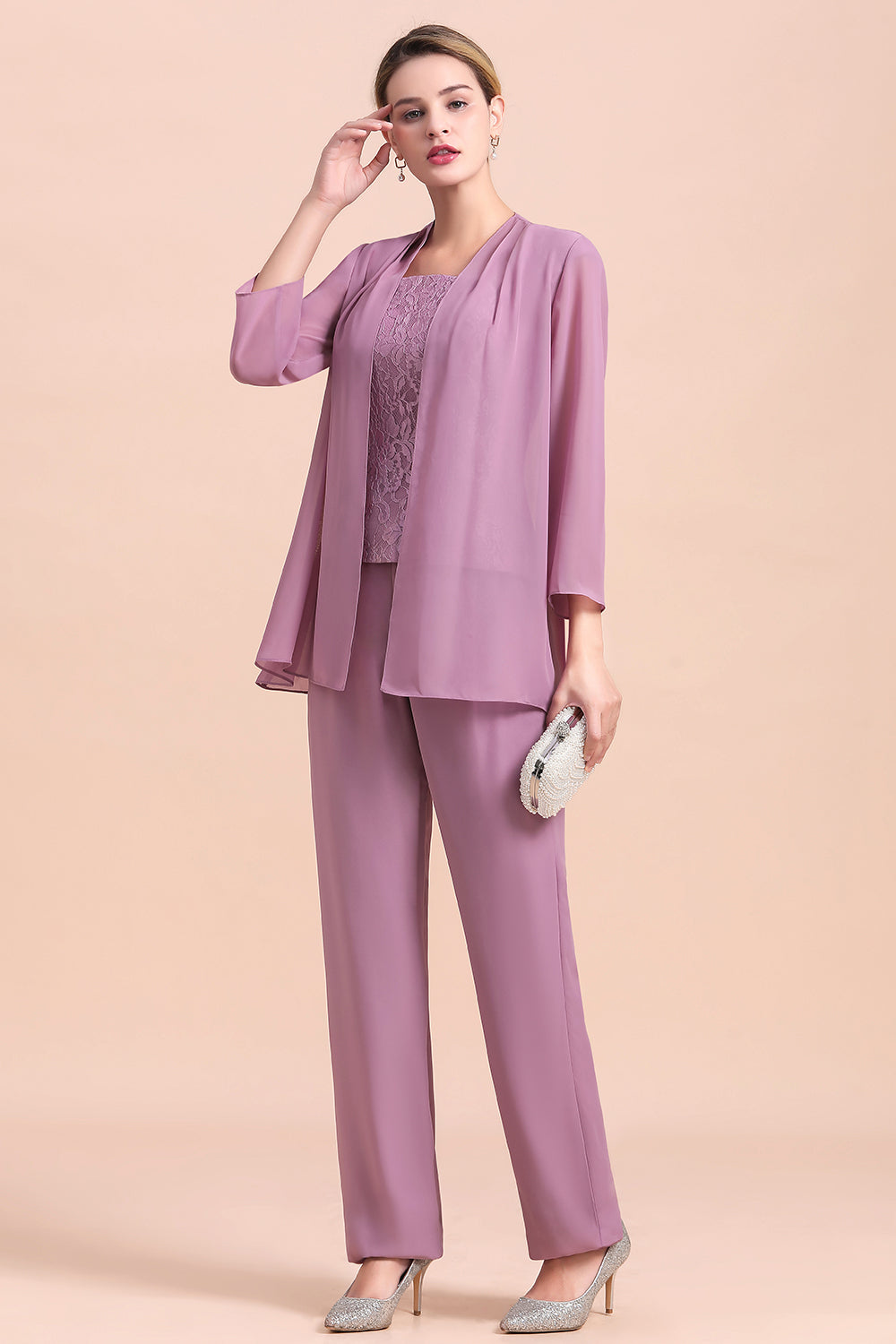 Purple Appliques Lace Square Mother Of The Bride Dress Chiffon Jumpsuit with Jacket Yesbabyonline