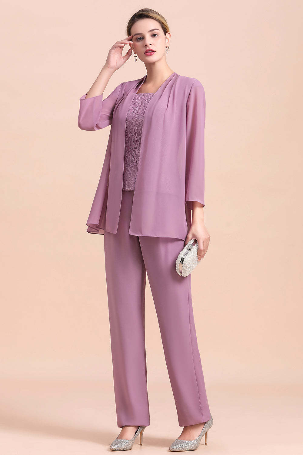 Purple Appliques Lace Square Mother Of The Bride Dress Chiffon Jumpsuit with Jacket Yesbabyonline