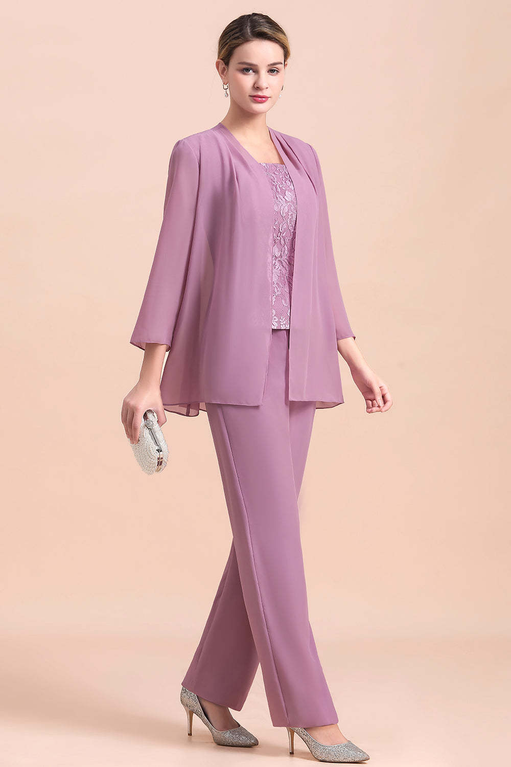 Purple Appliques Lace Square Mother Of The Bride Dress Chiffon Jumpsuit with Jacket Yesbabyonline