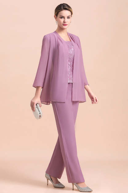 Purple Appliques Lace Square Mother Of The Bride Dress Chiffon Jumpsuit with Jacket Yesbabyonline