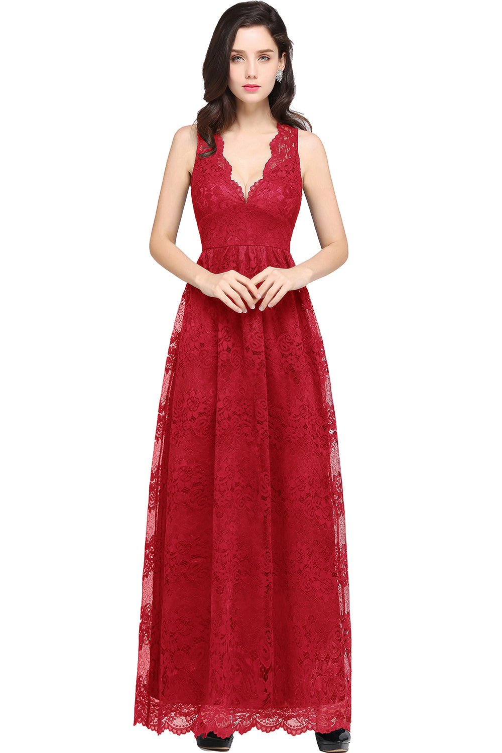Long A Line Lace V Neck Sleveless Floor Length Evening Dress - YESBABYONLINE