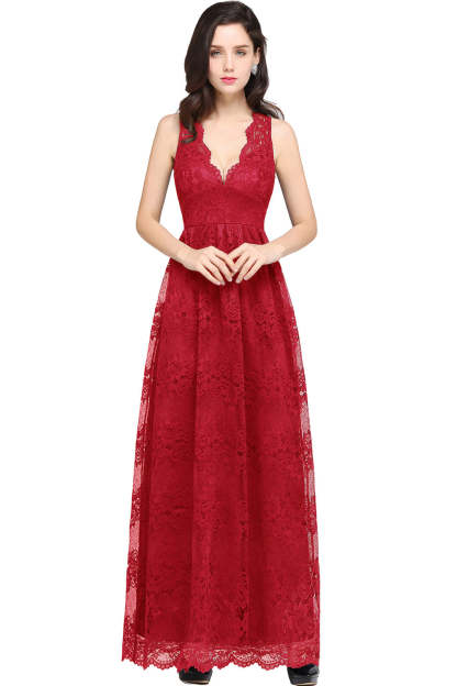 Long A Line Lace V Neck Sleveless Floor Length Evening Dress - YESBABYONLINE