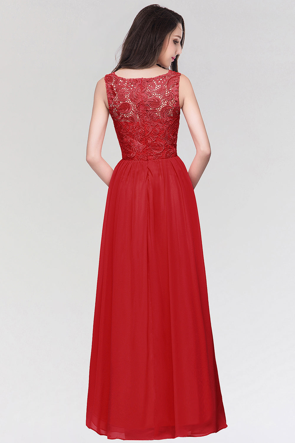 Long Chiffon Lace Sleeveless A Line Ruched Bridesmaid Dress - YESBABYONLINE