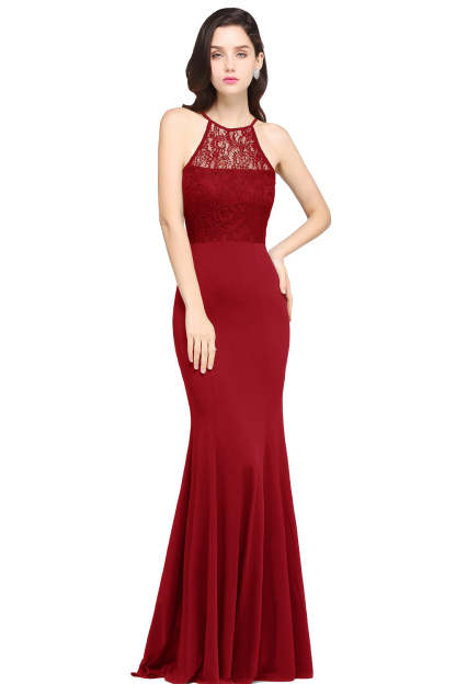 Halter Floral Lace Chiffon Mermaid Long Bridesmaid Dress - YESBABYONLINE