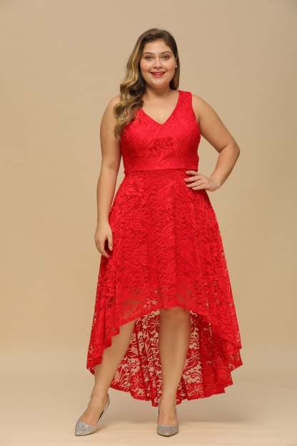 High Low A line V neck Sleeveless Lace Formal Dress - YESBABYONLINE